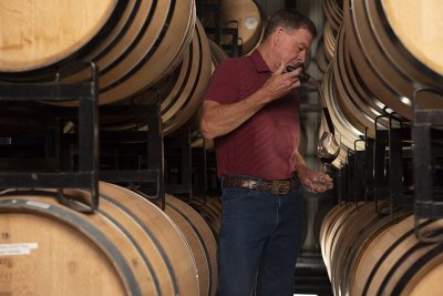 Michael Mooney thieving wine from a barrel